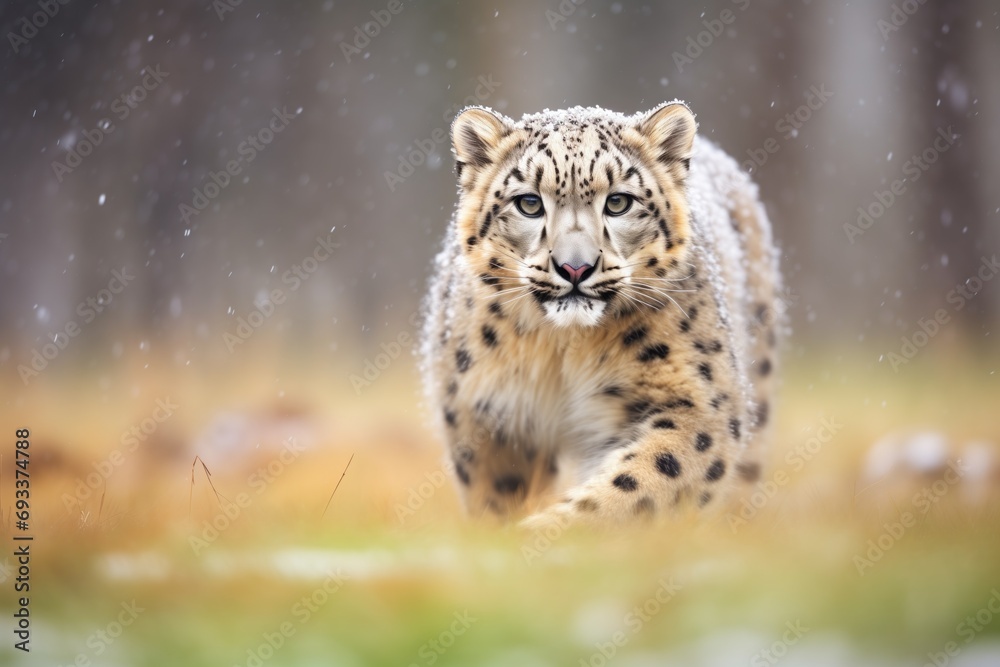 Fototapeta premium snow leopard in mid-roar amidst snowfall