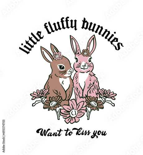 Rabbits vector illustration for fashion garments. Cute bunny retro print with slogan.