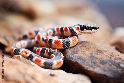 kingsnake warming itself on a sandstone rock photo