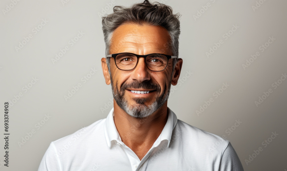 Confident Mature Man with Salt and Pepper Hair Smiling in Casual White Polo Shirt and Glasses Against a Plain Background Confident Mature Man with Salt and Pepper Hair Smiling in Casual White Polo Shirt and Glasses Against a Plain Background