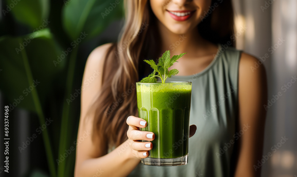 Close-up of Fresh Homemade Green Smoothie with Spinach Garnish Held by Woman in Elegant Green Blouse, Healthy Lifestyle Concept Close-up of Fresh Homemade Green Smoothie with Spinach Garnish Held by Woman in Elegant Green Blouse, Healthy Lifestyle Concept