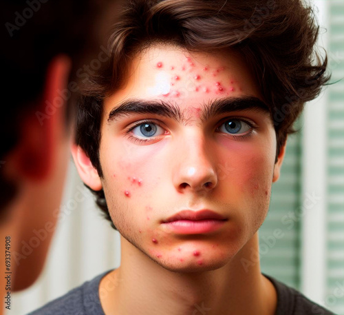 Adolescente varón con acné juvenil viéndose al espejo con mirada preocupada photo