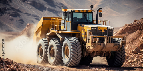 Heavy-duty machinery in action at a dusty lithium mining site  with a large industrial yellow dump truck transporting materials in a rugged terrain