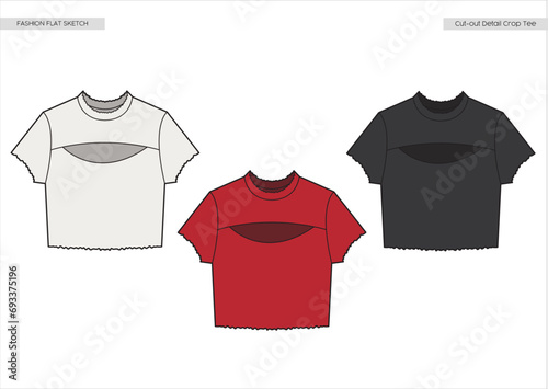 Fashion flat sketch. Cut out detail crop t shirt.