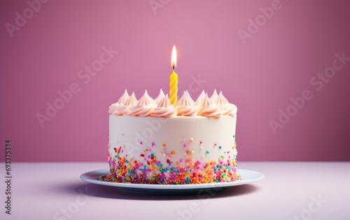 Birthday cake with burning candle on pink background, close-up