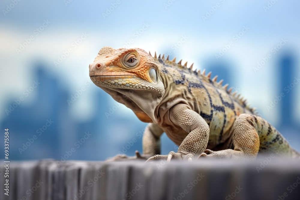 Obraz premium iguana climbing with a cityscape background