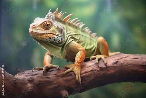 green iguana perched on a tropical tree branch