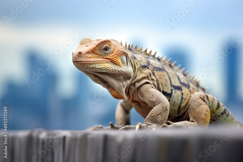 iguana climbing with a cityscape background
