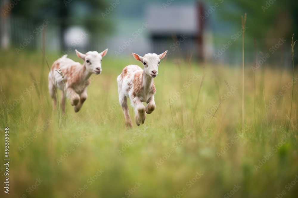 Obraz premium goat kids chasing each other in grass