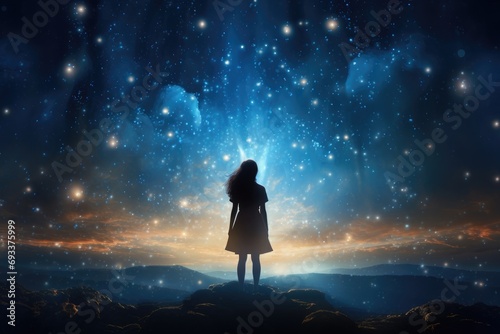 Sky full of stars with a person gazing up in wonder