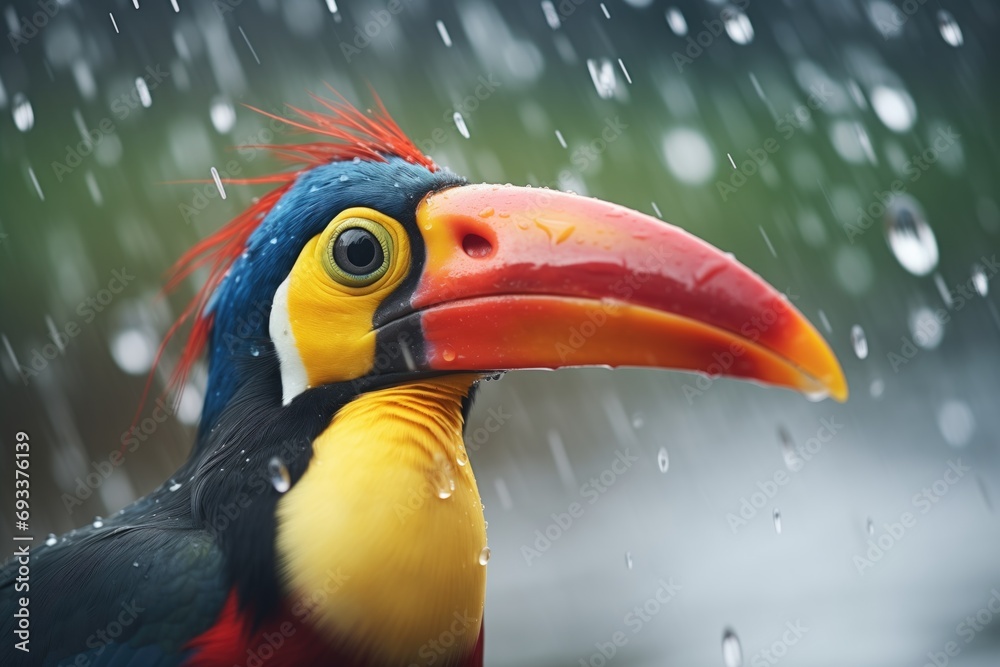 Fototapeta premium toucan with raindrops on beak, cloudy ambiance