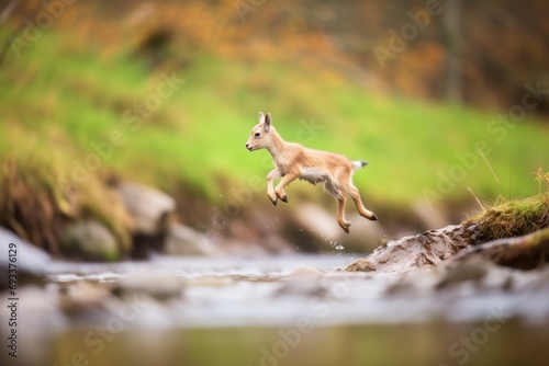 alpine kid goat jumping across a stream