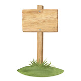 Watercolor illustration of wood texture, wooden plank or direction pointer signpost on the green grass isolated. Handmade.
