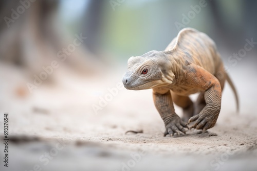 young komodo dragon walking on a sandy path