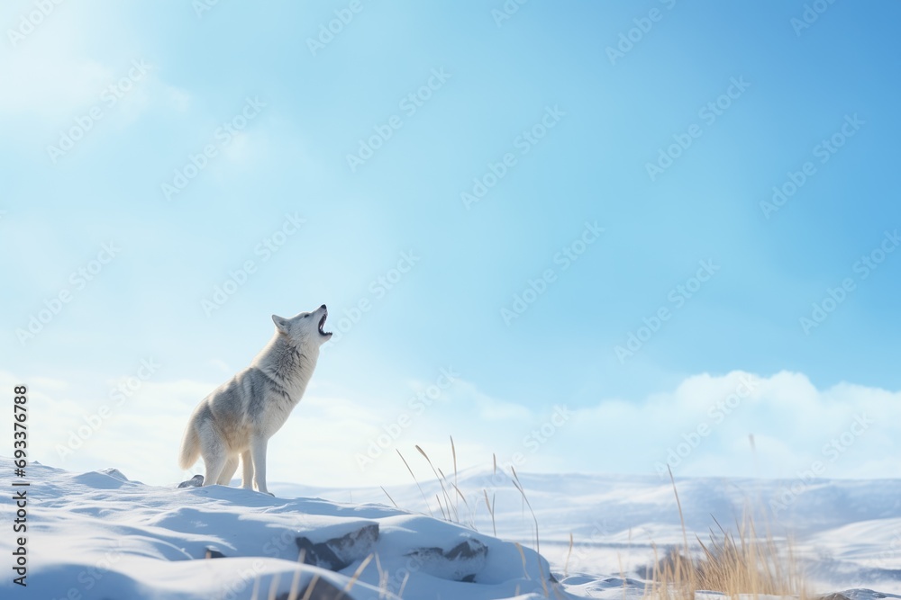 Fototapeta premium white wolf howling in a snowy landscape