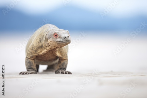 komodo dragon wandering alone on vast sand bed
