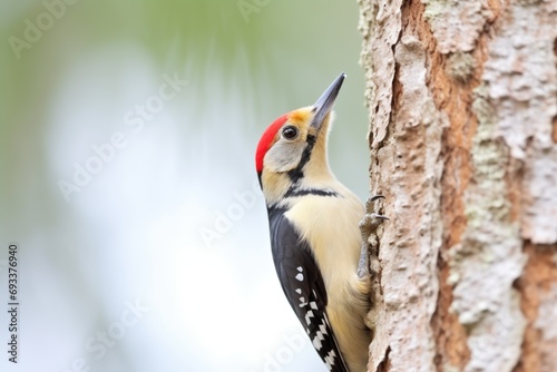 close-up of woodpecker pecking on pine tree bark