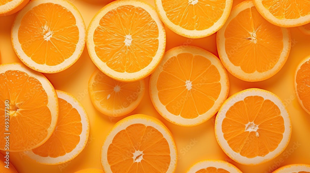 close up horizontal view of orange slices on a neutral orange background AI generated close up horizontal view of orange slices on a neutral orange background AI generated
