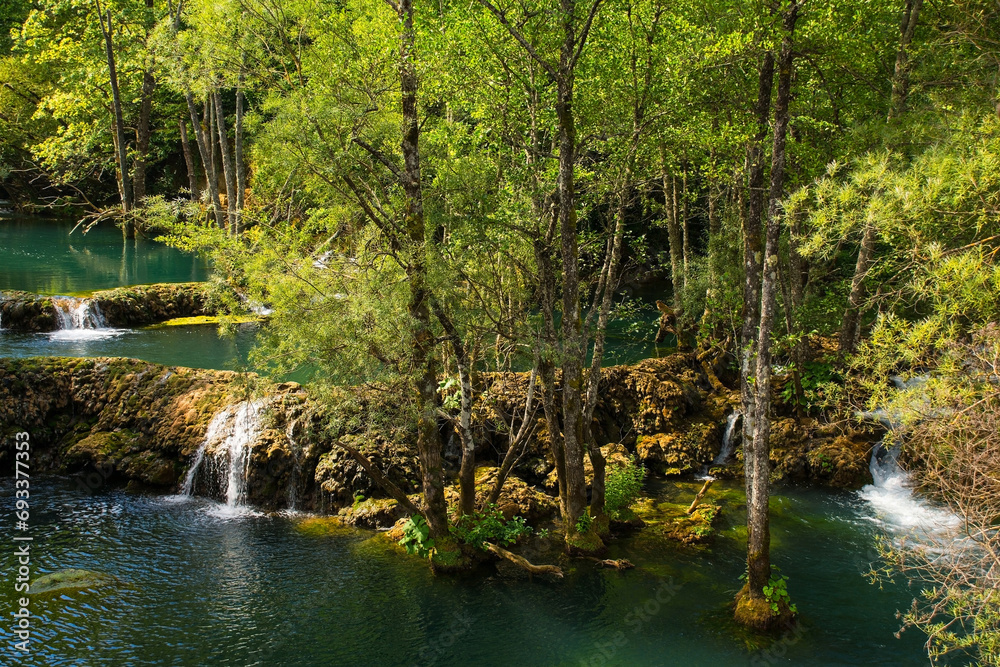 Obraz premium Travertine pools in the River Una at the Small Waterfalls at Martin Brod in Una-Sana Canton, Federation of Bosnia and Herzegovina. Located within the Una National Park. Early September