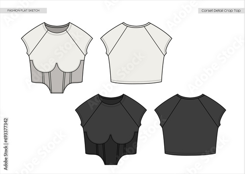 Fashion flat sketch. Corset detail crop top.