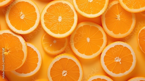 close up horizontal view of orange slices on a neutral orange background AI generated
