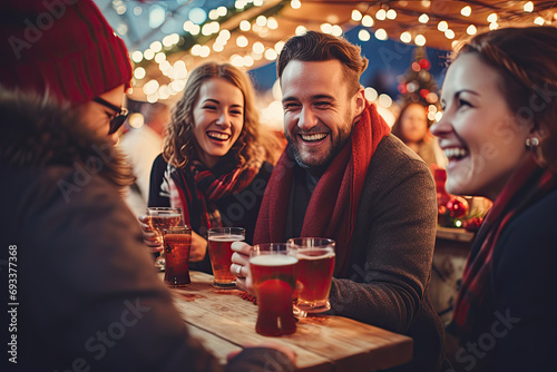 Friends drinking delicious mulled wine at party. Shot of a group of cheerful friends having fun and enjoying hot drink on the Christmas market at an evening party. photo