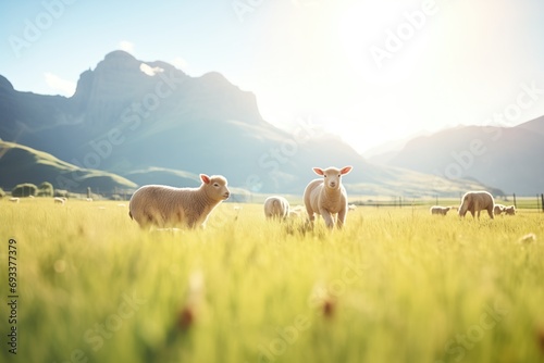 herd of lambs with a sunny mountain backdrop © studioworkstock