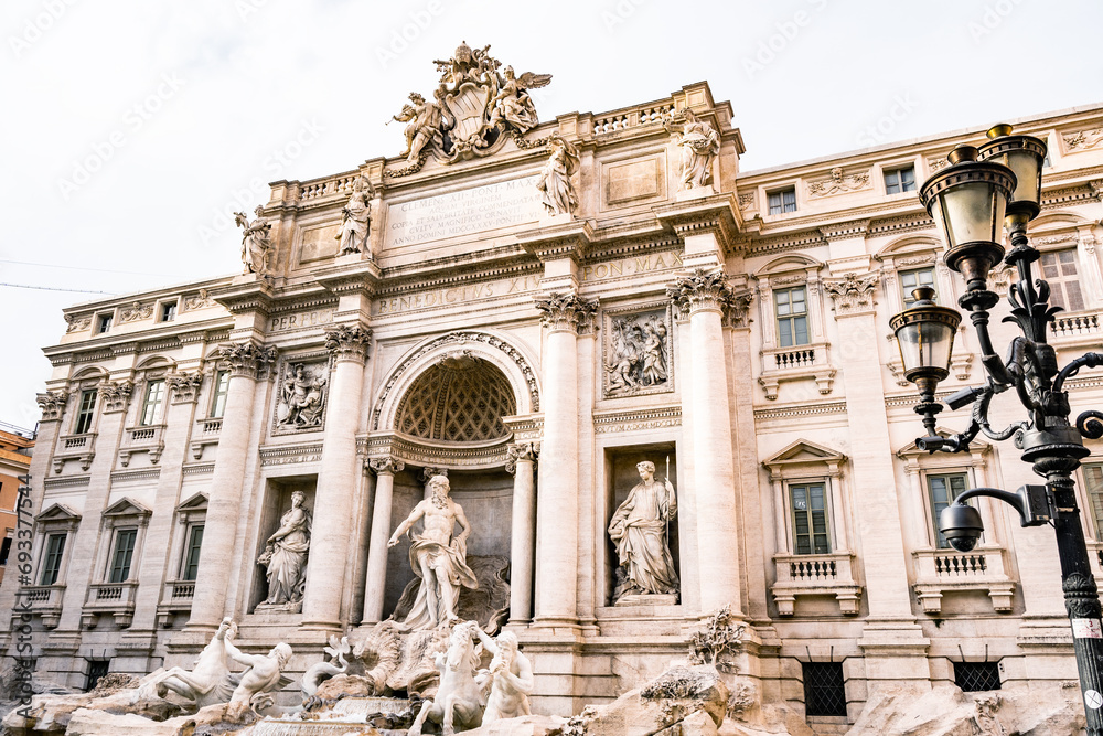 View of Rome Trevi Fountain Fontana di Trevi in Rome, Italy. Trevi is most famous fountain of Rome. Architecture and landmark of Rome.