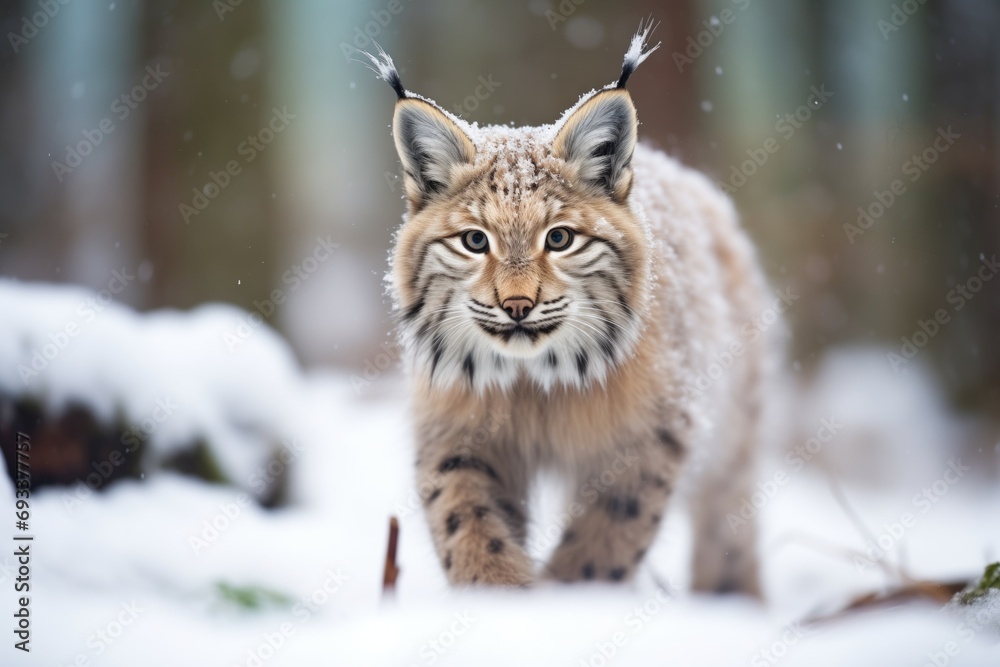 fluffed-up lynx bracing against snowfall fluffed-up lynx bracing against snowfall