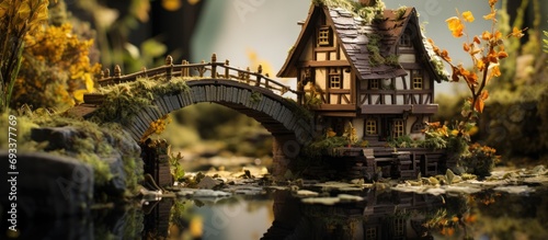Tiny wooden fairy-tale house with bridge photographed in a village installation.