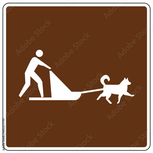 Campground sign of winter recreation dog sledding