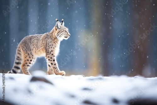 backlit lynx with snow flurries around