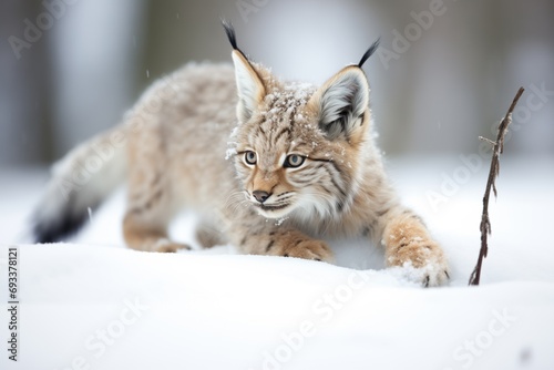 lynx crouched, poised to pounce, in snow