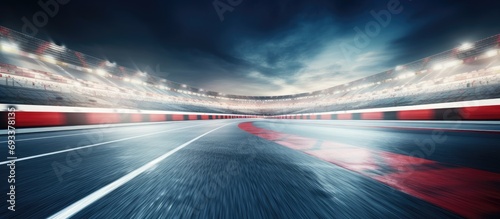 Motion-blurred international race track with start and finish line.