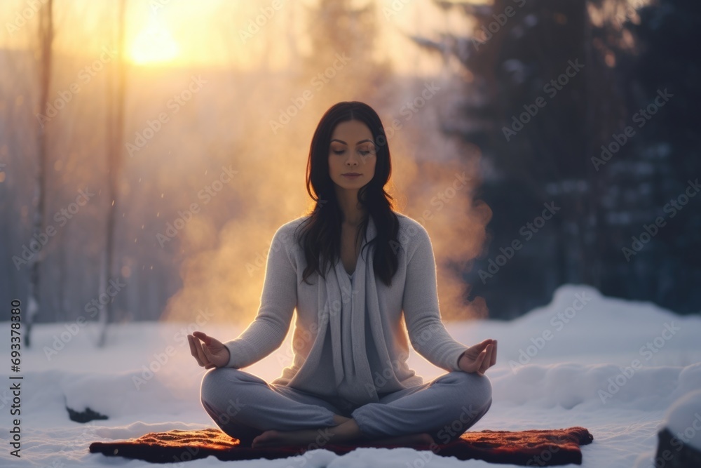 A woman peacefully meditating in the serene setting of snow. This image can be used to depict tranquility and mindfulness in winter scenes