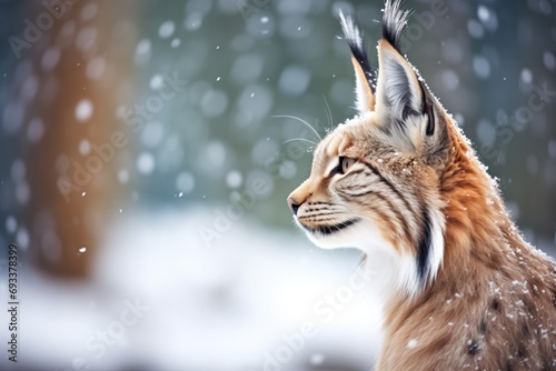 lynx with bright eyes during a snowfall