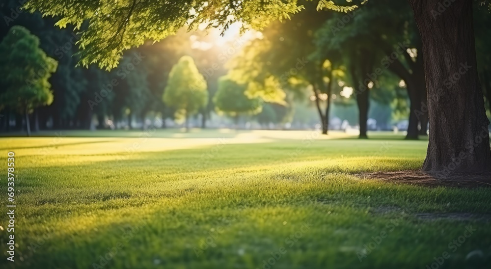 Summer widescreen natural landscape of park with a glade of fresh grass.