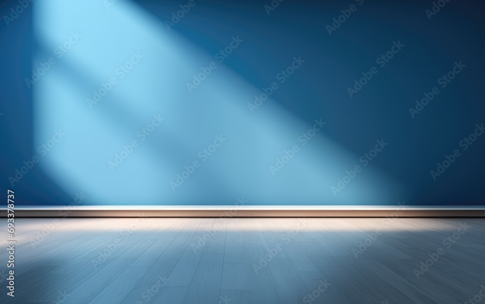 Product Presentation Background blue empty wall and wooden floor with interesting light glare Interior Product Presentation Background blue empty wall and wooden floor with interesting light glare Interior