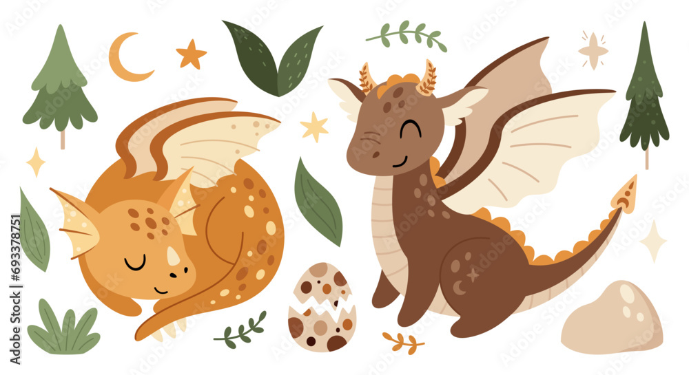 Boho dragon clipart in cartoon flat style. Year of the dragon. Fantasy clipart. Vector illustration Boho dragon clipart in cartoon flat style. Year of the dragon. Fantasy clipart. Vector illustration