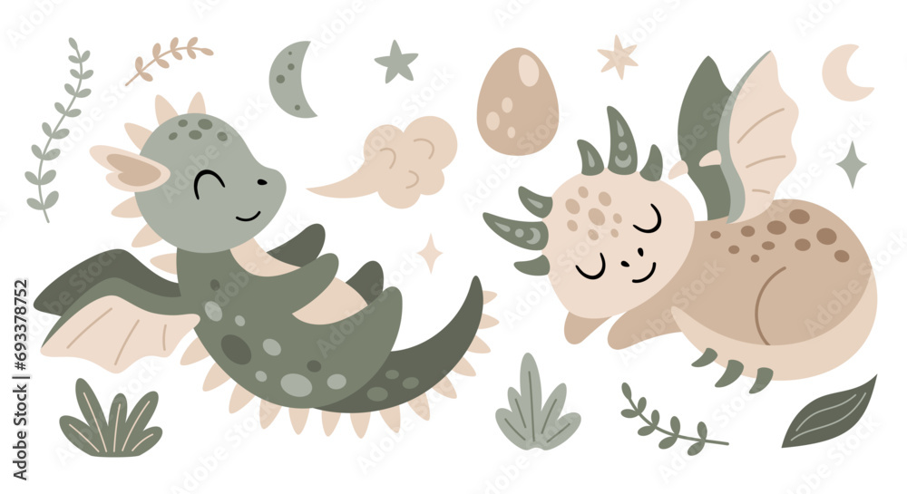 Boho dragon clipart in cartoon flat style. Year of the dragon. Fantasy clipart. Vector illustration Boho dragon clipart in cartoon flat style. Year of the dragon. Fantasy clipart. Vector illustration