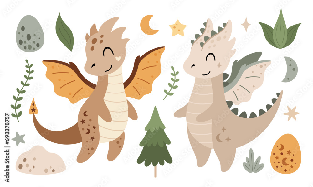 Naklejka premium Boho dragon clipart in cartoon flat style. Year of the dragon. Fantasy clipart. Vector illustration
