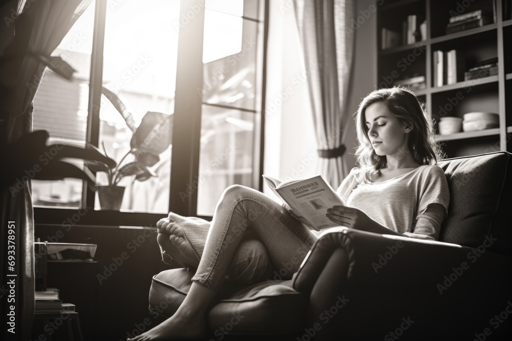 A woman sitting on a couch reading a book. Perfect for book clubs or cozy reading nooks - obrazy, fototapety, plakaty 