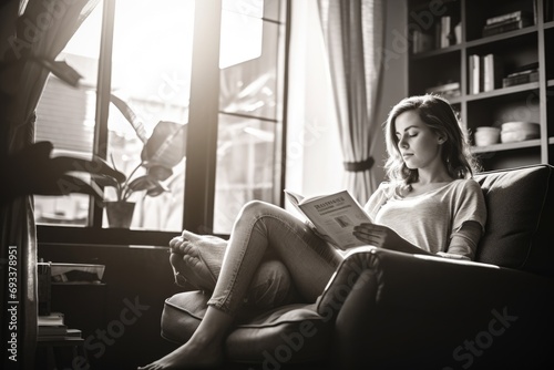 A woman sitting on a couch reading a book. Perfect for book clubs or cozy reading nooks photo