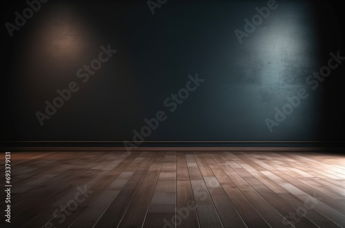 Black wall empty with beautiful chiaroscuro and wooden floor. Minimalist for product presentation mock up. © Eyepain