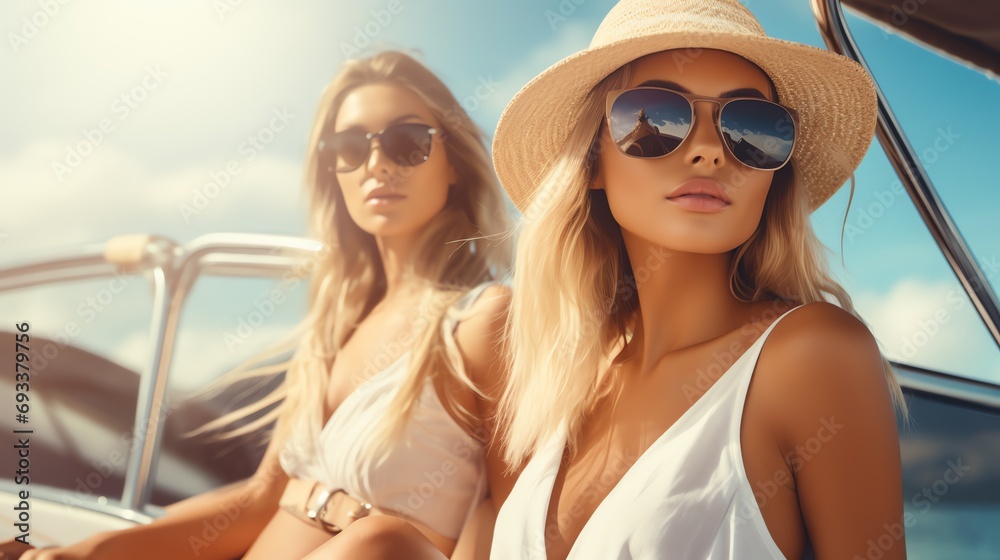 two women wearing sunglasses and a hat