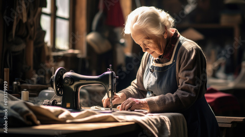 Old woman works on a sewing machine Generative Ai photo
