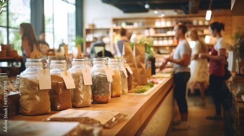 Blurred background of interior in zero waste shop. Customers buying dry goods and bulk products in plastic free grocery store. Conscious shopping, sustainable small businesses, minimalist lifestyle. photo