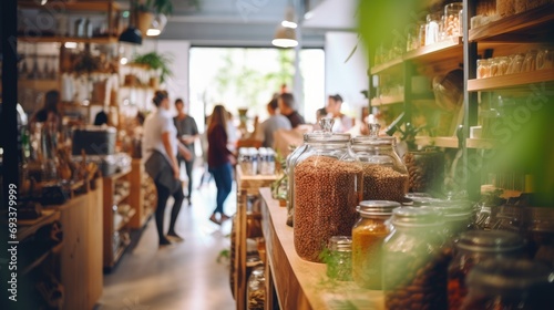 Blurred background of interior in zero waste shop. Customers buying dry goods and bulk products in plastic free grocery store. Conscious shopping, sustainable small businesses, minimalist lifestyle. photo