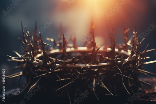 A crown of thorns placed on a table. Suitable for religious themes or symbolic representations of suffering and sacrifice photo