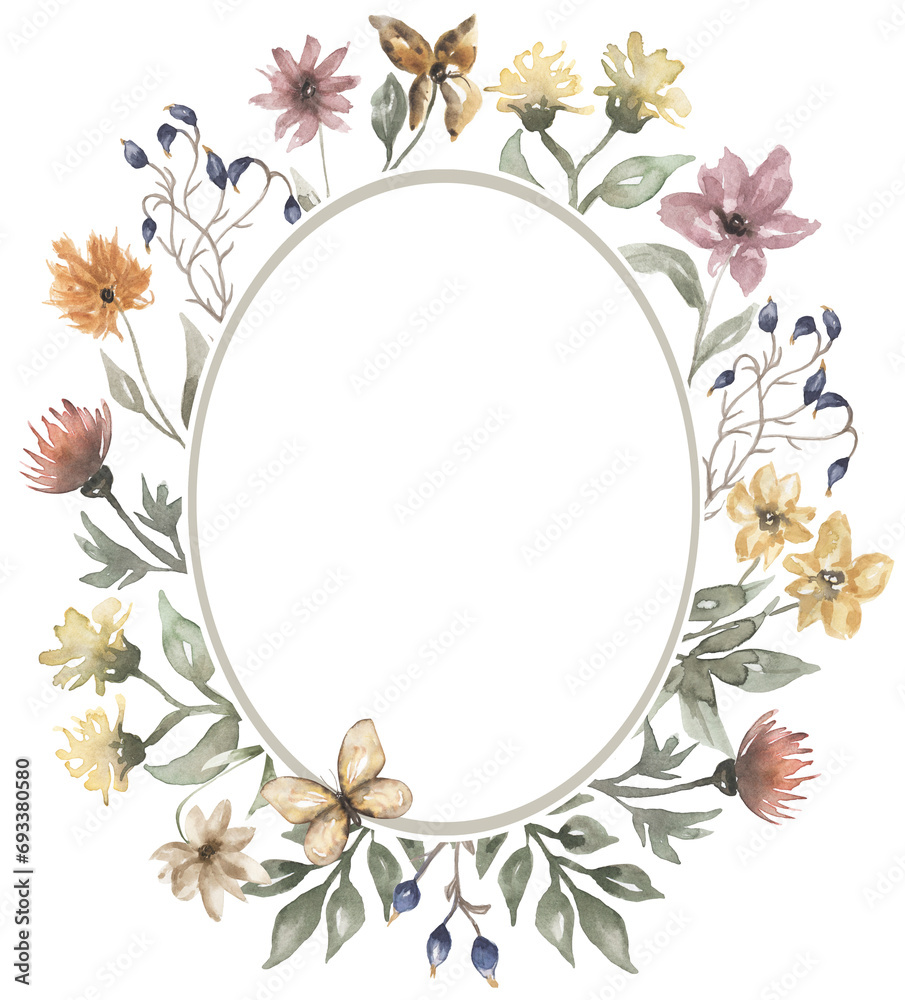 Wildflowers Wreath illustration, Watercolor Meadow flowers bouquet clipart, Dried Herbs Frame clip art